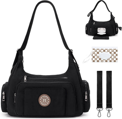 Puffer Crossbody Diaper Bag for Mom - Lightweight Nylon Mom Bag Baby Purse with Wipes & Trash Bag Dispenser