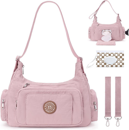 Puffer Crossbody Diaper Bag for Mom - Lightweight Nylon Mom Bag Baby Purse with Wipes & Trash Bag Dispenser