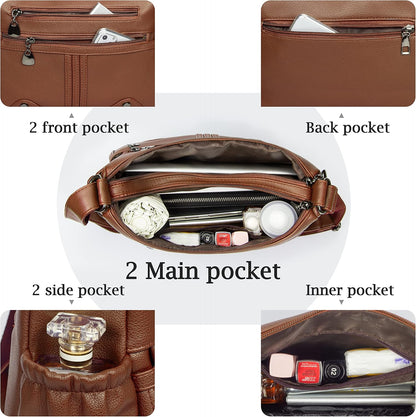 Women Soft PU Leather Shoulder Handbag Multi Pocket Crossbody Bag Ladies Medium Roomy Purses Fashion Tote Top Handle Satchel