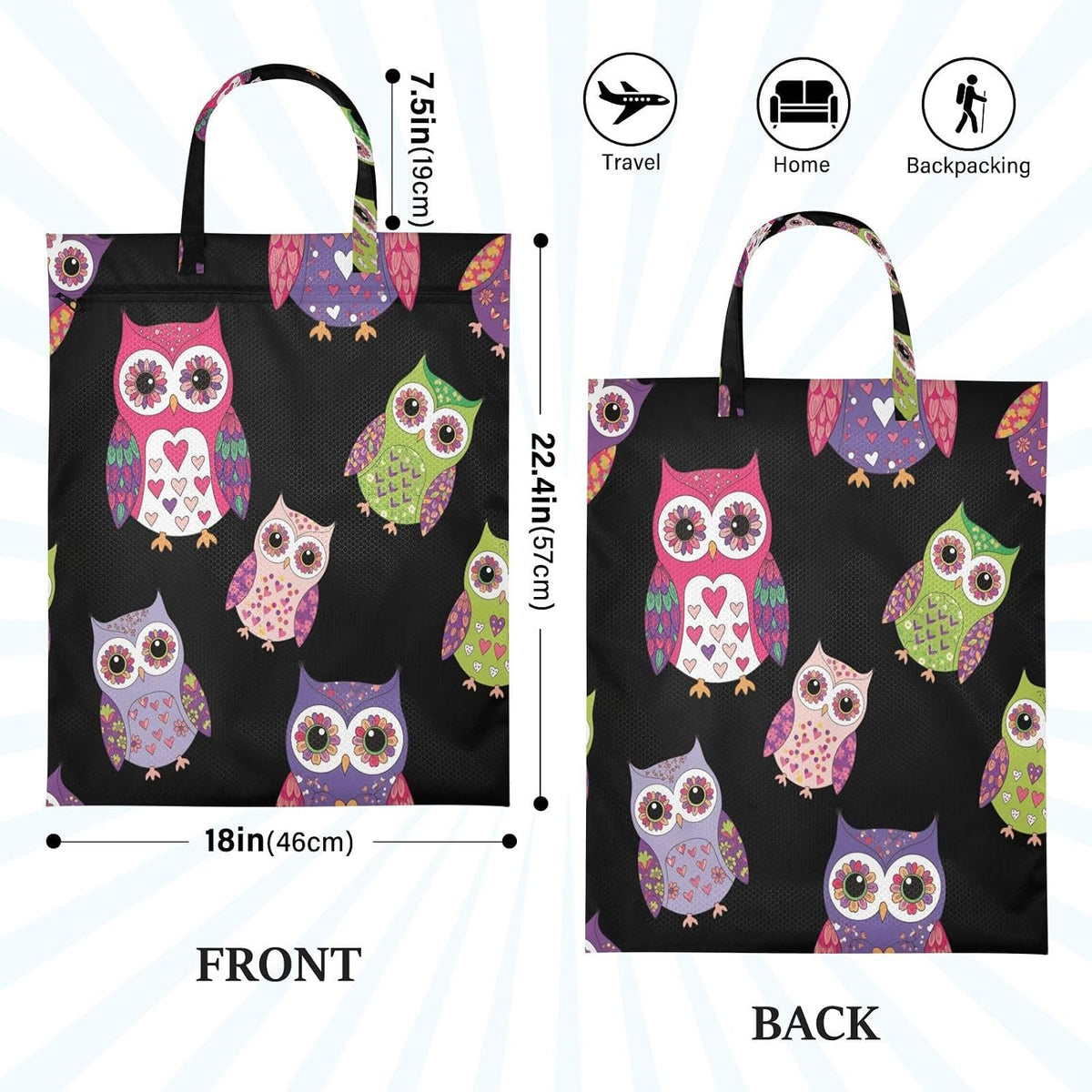Owl Black Waterproof Travel Laundry Bag Reusable Pack of 2