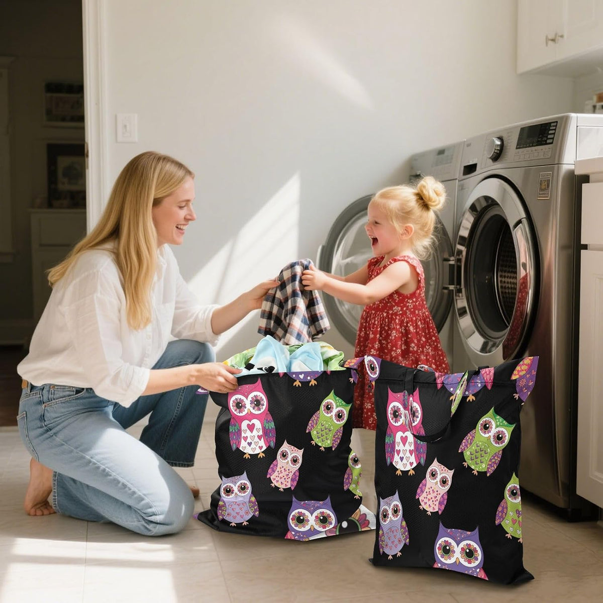 Owl Black Waterproof Travel Laundry Bag Reusable Pack of 2