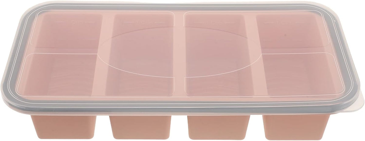 Silicone Freezer Tray with Lid - 1 Cup Soup Cube Portion Mold - 4 Compartment Freezer Molds for Freezing Broth, Sauce, and Stock, Meal Prep Pink