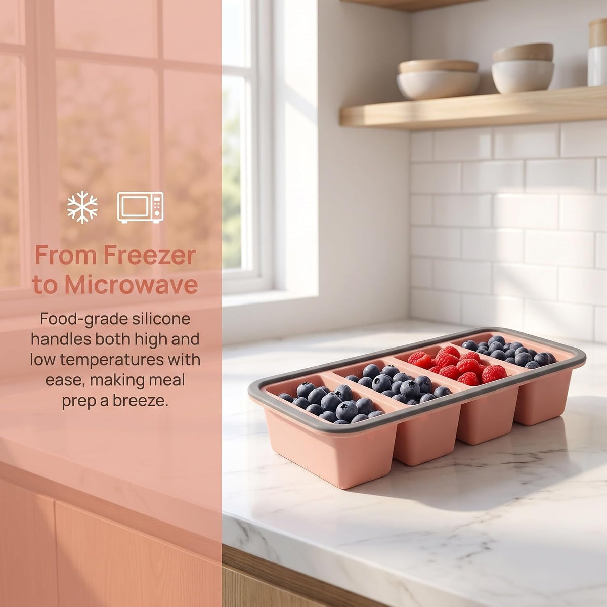 Silicone Freezer Tray with Lid - 1 Cup Soup Cube Portion Mold - 4 Compartment Freezer Molds for Freezing Broth, Sauce, and Stock, Meal Prep Pink