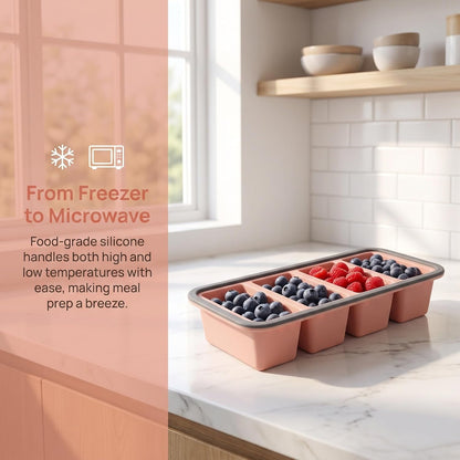 Silicone Freezer Tray with Lid - 1 Cup Soup Cube Portion Mold - 4 Compartment Freezer Molds for Freezing Broth, Sauce, and Stock, Meal Prep Pink
