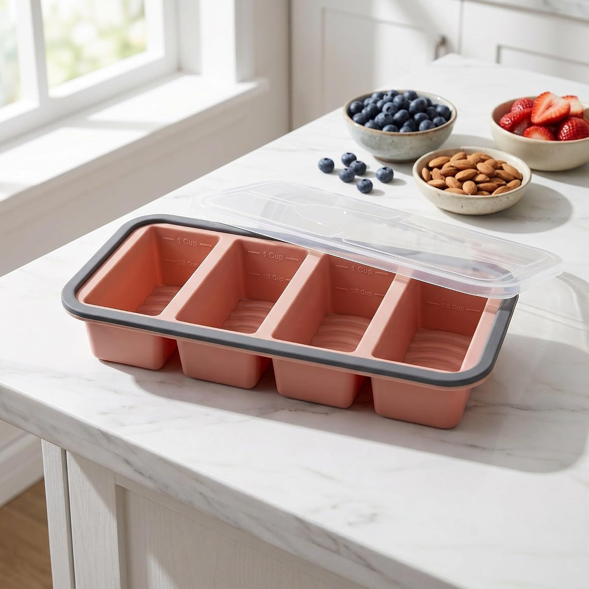 Silicone Freezer Tray with Lid - 1 Cup Soup Cube Portion Mold - 4 Compartment Freezer Molds for Freezing Broth, Sauce, and Stock, Meal Prep Pink