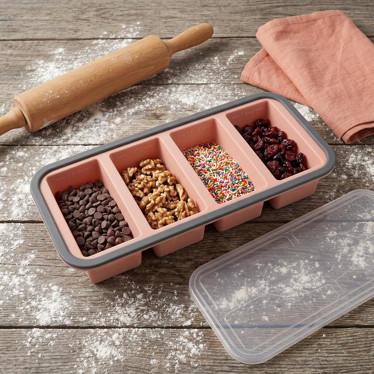 Silicone Freezer Tray with Lid - 1 Cup Soup Cube Portion Mold - 4 Compartment Freezer Molds for Freezing Broth, Sauce, and Stock, Meal Prep Pink