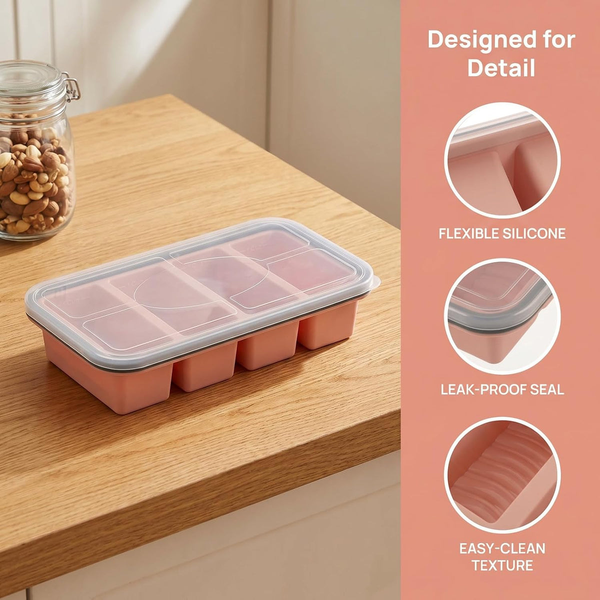 Silicone Freezer Tray with Lid - 1 Cup Soup Cube Portion Mold - 4 Compartment Freezer Molds for Freezing Broth, Sauce, and Stock, Meal Prep Pink