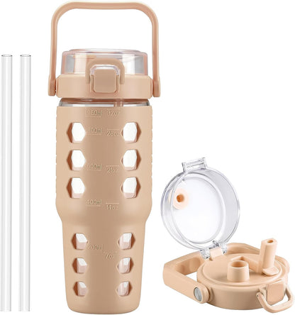 32 oz Glass Tumbler with Straw,Glass Water Bottles with Time Marker,Iced Coffee Cup with Silicone Sleeve,Motivational Drinking Bottles,Leakproof-Coral Pink