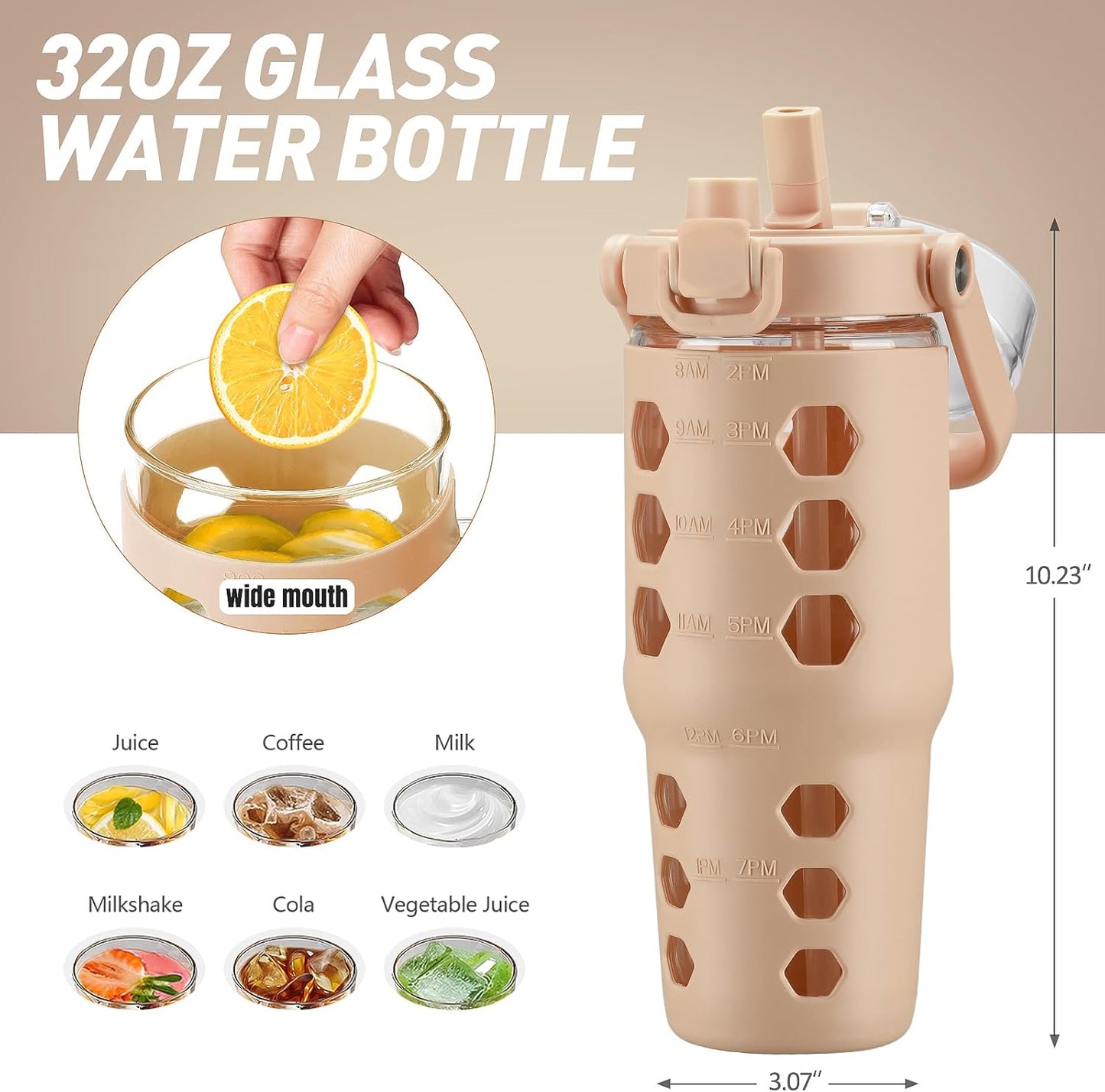 32 oz Glass Tumbler with Straw,Glass Water Bottles with Time Marker,Iced Coffee Cup with Silicone Sleeve,Motivational Drinking Bottles,Leakproof-Coral Pink
