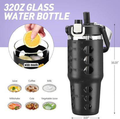 32 oz Glass Tumbler with Straw,Glass Water Bottles with Time Marker,Iced Coffee Cup with Silicone Sleeve,Motivational Drinking Bottles,Leakproof-Coral Pink