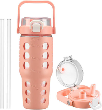 32 oz Glass Tumbler with Straw,Glass Water Bottles with Time Marker,Iced Coffee Cup with Silicone Sleeve,Motivational Drinking Bottles,Leakproof-Coral Pink