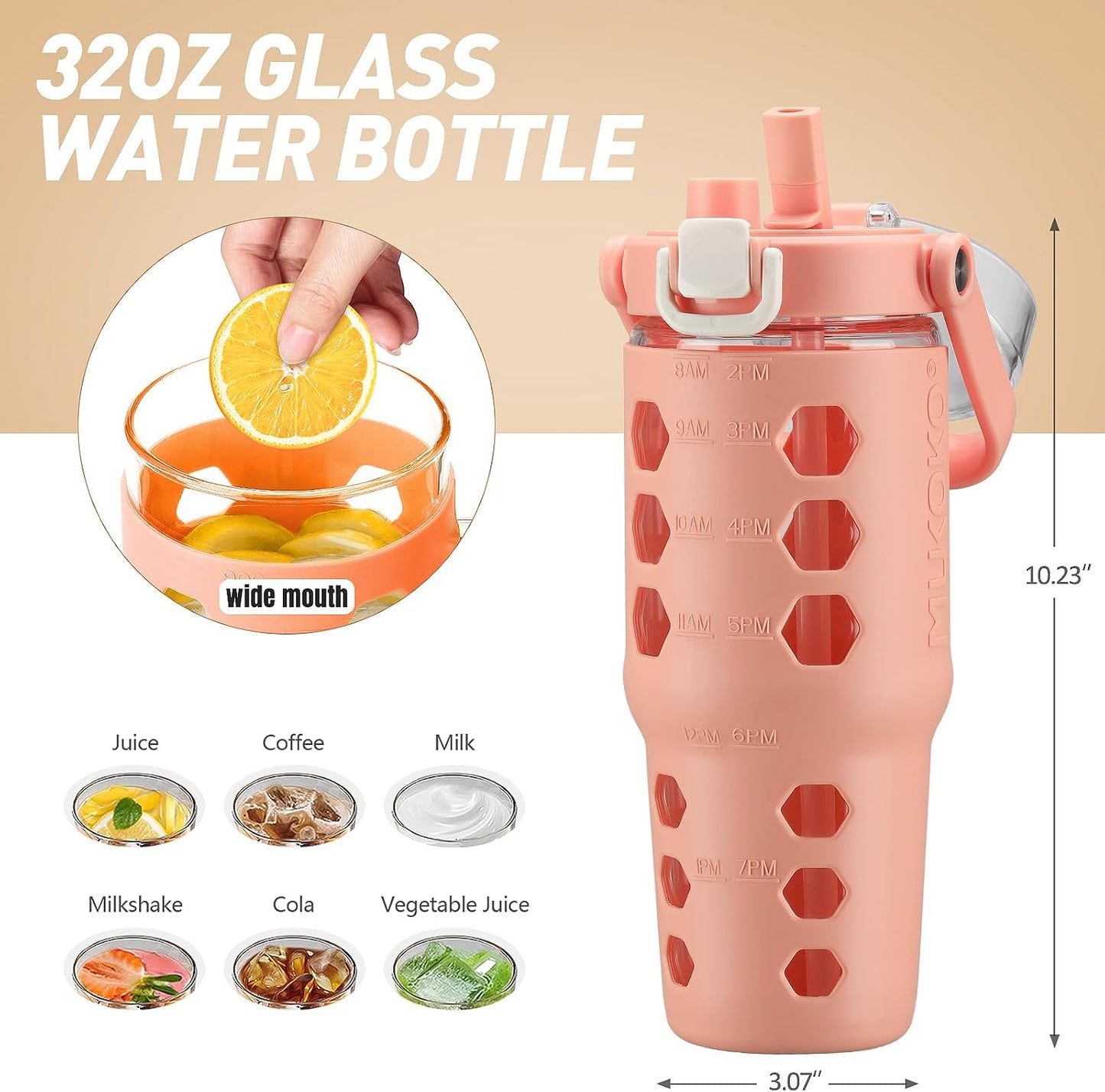 32 oz Glass Tumbler with Straw,Glass Water Bottles with Time Marker,Iced Coffee Cup with Silicone Sleeve,Motivational Drinking Bottles,Leakproof-Coral Pink