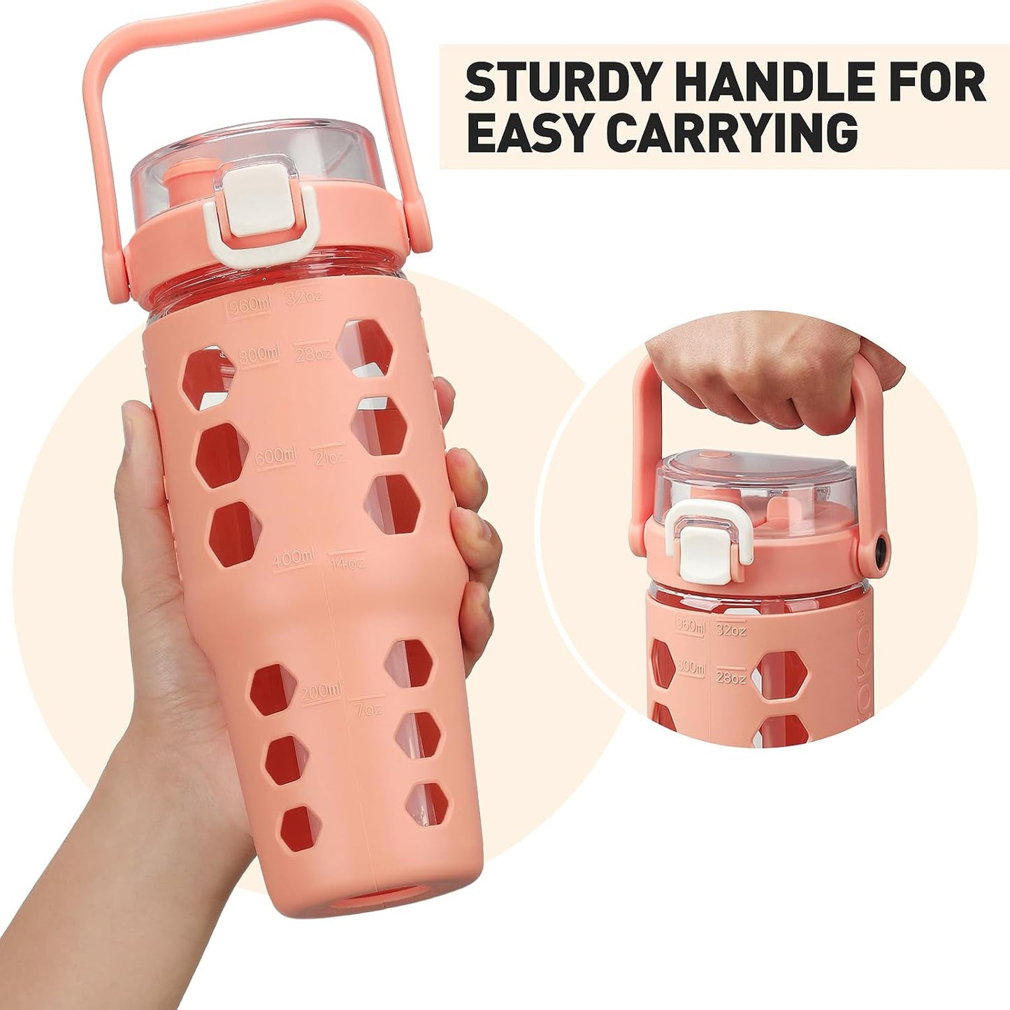 32 oz Glass Tumbler with Straw,Glass Water Bottles with Time Marker,Iced Coffee Cup with Silicone Sleeve,Motivational Drinking Bottles,Leakproof-Coral Pink
