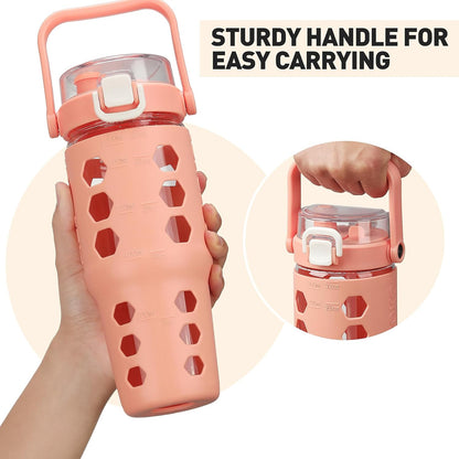 32 oz Glass Tumbler with Straw,Glass Water Bottles with Time Marker,Iced Coffee Cup with Silicone Sleeve,Motivational Drinking Bottles,Leakproof-Coral Pink