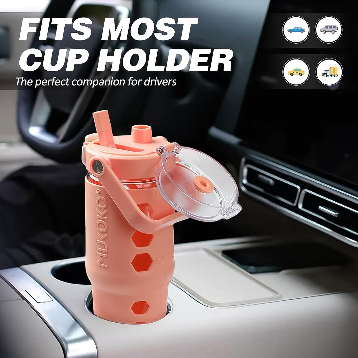 32 oz Glass Tumbler with Straw,Glass Water Bottles with Time Marker,Iced Coffee Cup with Silicone Sleeve,Motivational Drinking Bottles,Leakproof-Coral Pink