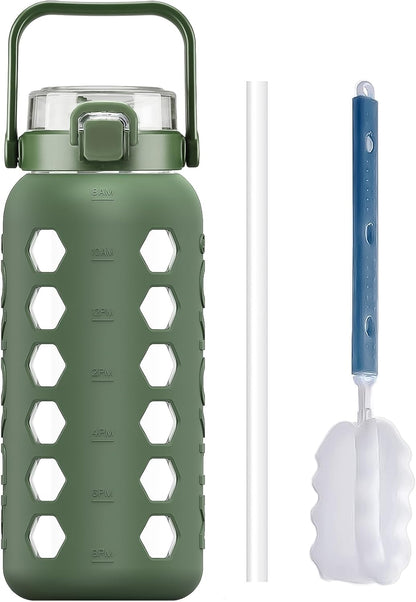 32 oz Glass Tumbler with Straw,Glass Water Bottles with Time Marker,Iced Coffee Cup with Silicone Sleeve,Motivational Drinking Bottles,Leakproof-Coral Pink