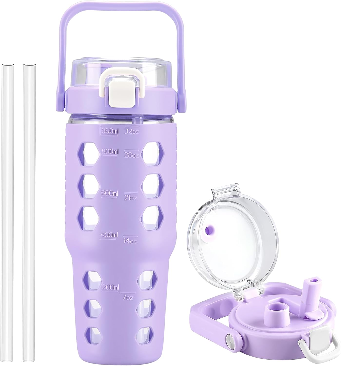 32 oz Glass Tumbler with Straw,Glass Water Bottles with Time Marker,Iced Coffee Cup with Silicone Sleeve,Motivational Drinking Bottles,Leakproof-Coral Pink