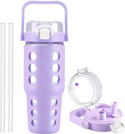 32 oz Glass Tumbler with Straw,Glass Water Bottles with Time Marker,Iced Coffee Cup with Silicone Sleeve,Motivational Drinking Bottles,Leakproof-Coral Pink