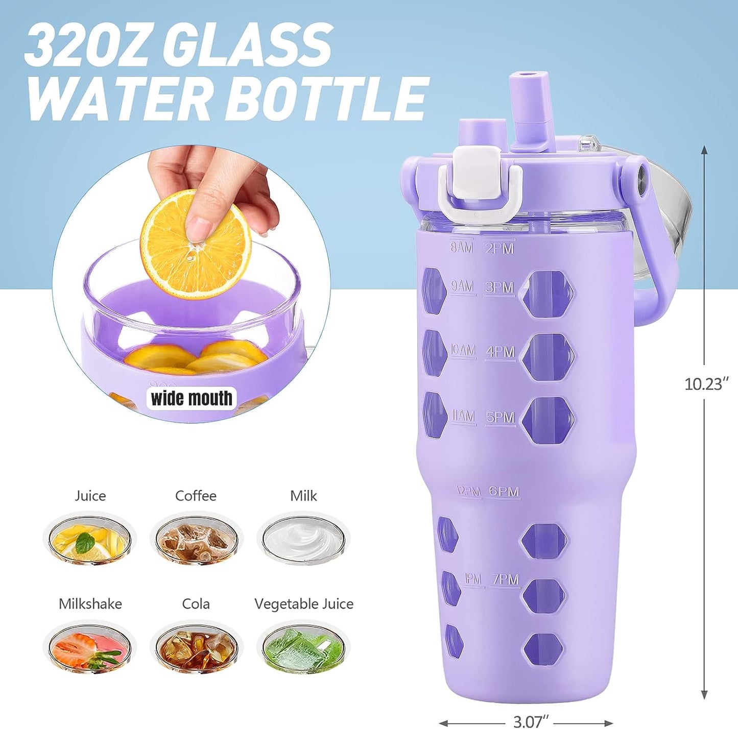 32 oz Glass Tumbler with Straw,Glass Water Bottles with Time Marker,Iced Coffee Cup with Silicone Sleeve,Motivational Drinking Bottles,Leakproof-Coral Pink