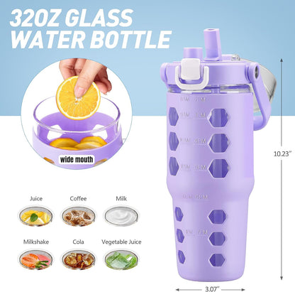 32 oz Glass Tumbler with Straw,Glass Water Bottles with Time Marker,Iced Coffee Cup with Silicone Sleeve,Motivational Drinking Bottles,Leakproof-Coral Pink