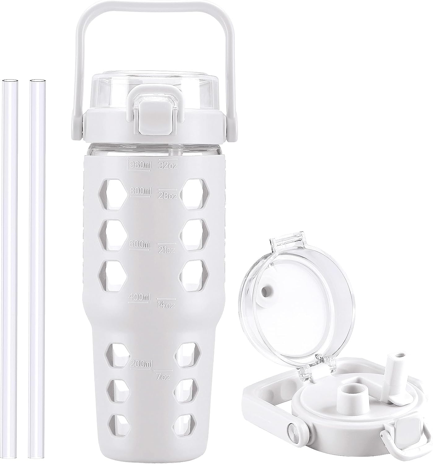 32 oz Glass Tumbler with Straw,Glass Water Bottles with Time Marker,Iced Coffee Cup with Silicone Sleeve,Motivational Drinking Bottles,Leakproof-Coral Pink