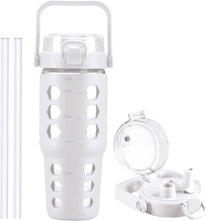 32 oz Glass Tumbler with Straw,Glass Water Bottles with Time Marker,Iced Coffee Cup with Silicone Sleeve,Motivational Drinking Bottles,Leakproof-Coral Pink