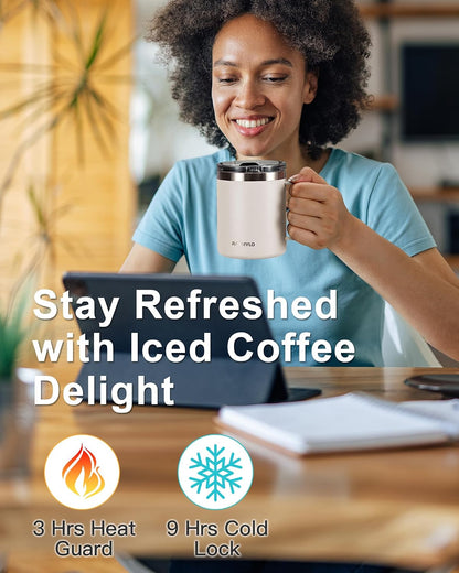 Insulated Coffee Mug 12 oz, Spill-Proof & Detachable Slider Lid | Double Wall Stainless Steel with Thorough Clean Lid & Handle, Cold for 9 Hrs, Suitable for Camp Home Office