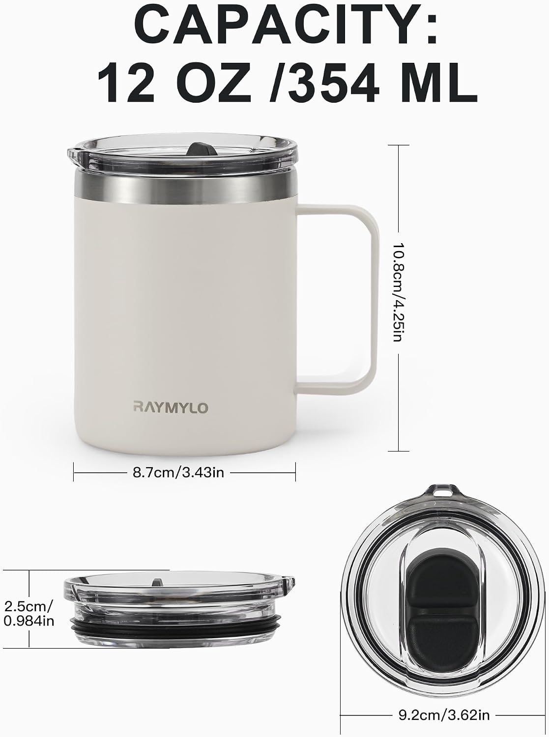 Insulated Coffee Mug 12 oz, Spill-Proof & Detachable Slider Lid | Double Wall Stainless Steel with Thorough Clean Lid & Handle, Cold for 9 Hrs, Suitable for Camp Home Office