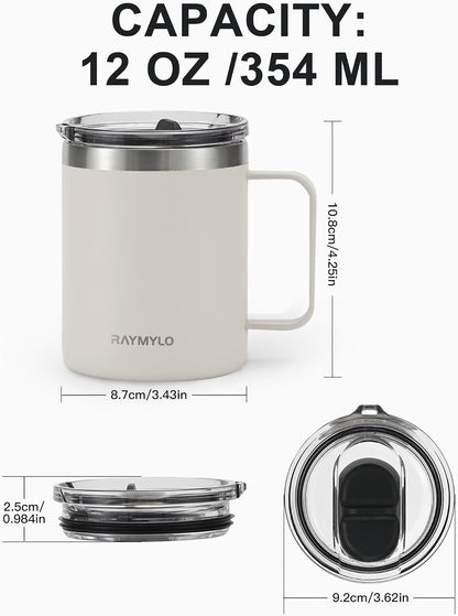 Insulated Coffee Mug 12 oz, Spill-Proof & Detachable Slider Lid | Double Wall Stainless Steel with Thorough Clean Lid & Handle, Cold for 9 Hrs, Suitable for Camp Home Office