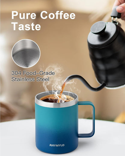 Insulated Coffee Mug 12 oz, Spill-Proof & Detachable Slider Lid | Double Wall Stainless Steel with Thorough Clean Lid & Handle, Cold for 9 Hrs, Suitable for Camp Home Office