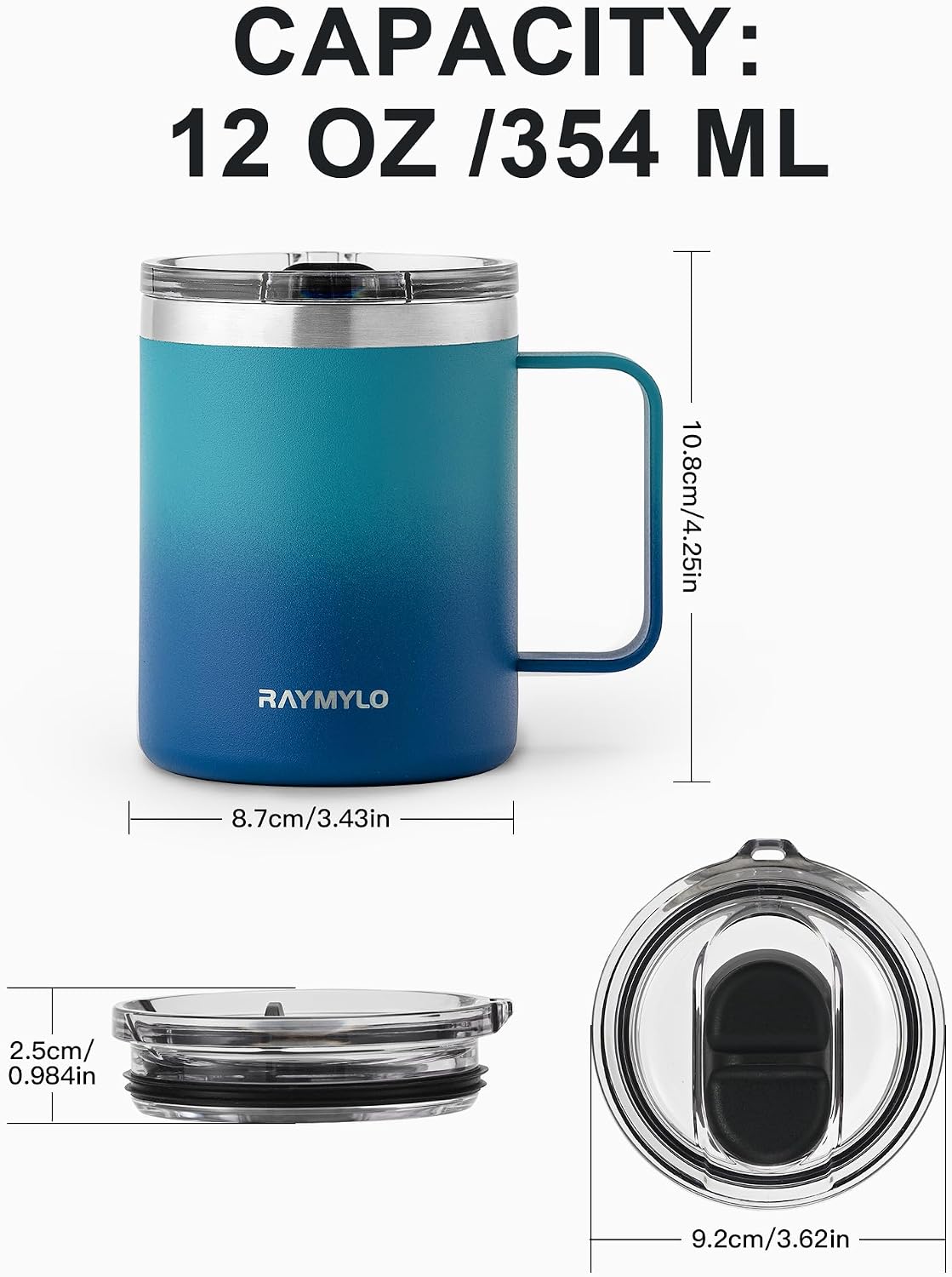 Insulated Coffee Mug 12 oz, Spill-Proof & Detachable Slider Lid | Double Wall Stainless Steel with Thorough Clean Lid & Handle, Cold for 9 Hrs, Suitable for Camp Home Office