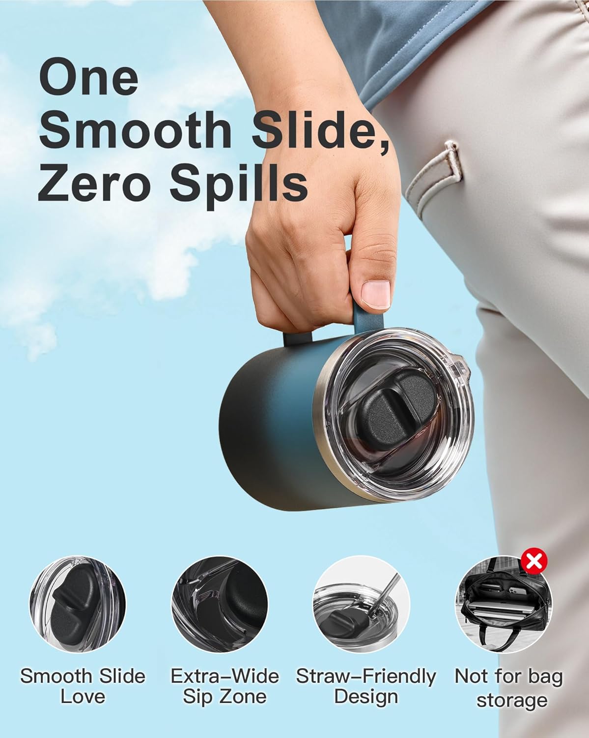 Insulated Coffee Mug 12 oz, Spill-Proof & Detachable Slider Lid | Double Wall Stainless Steel with Thorough Clean Lid & Handle, Cold for 9 Hrs, Suitable for Camp Home Office