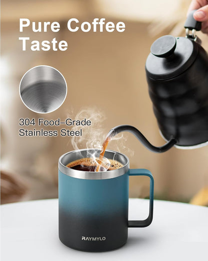 Insulated Coffee Mug 12 oz, Spill-Proof & Detachable Slider Lid | Double Wall Stainless Steel with Thorough Clean Lid & Handle, Cold for 9 Hrs, Suitable for Camp Home Office