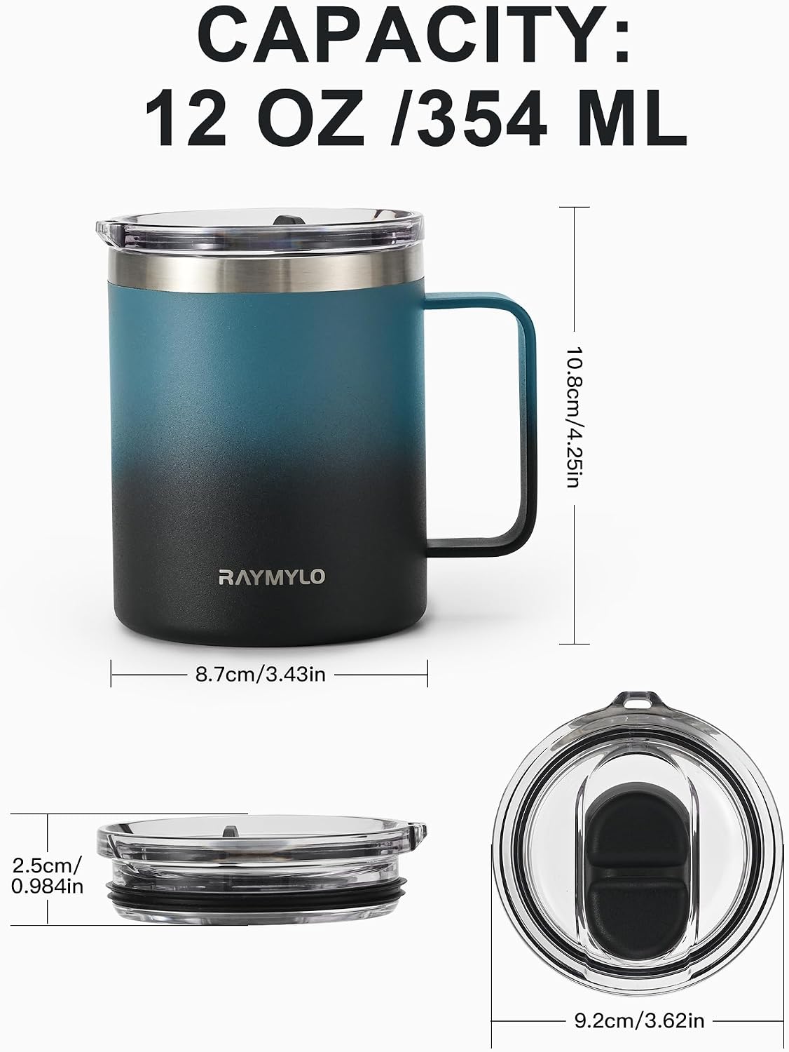 Insulated Coffee Mug 12 oz, Spill-Proof & Detachable Slider Lid | Double Wall Stainless Steel with Thorough Clean Lid & Handle, Cold for 9 Hrs, Suitable for Camp Home Office
