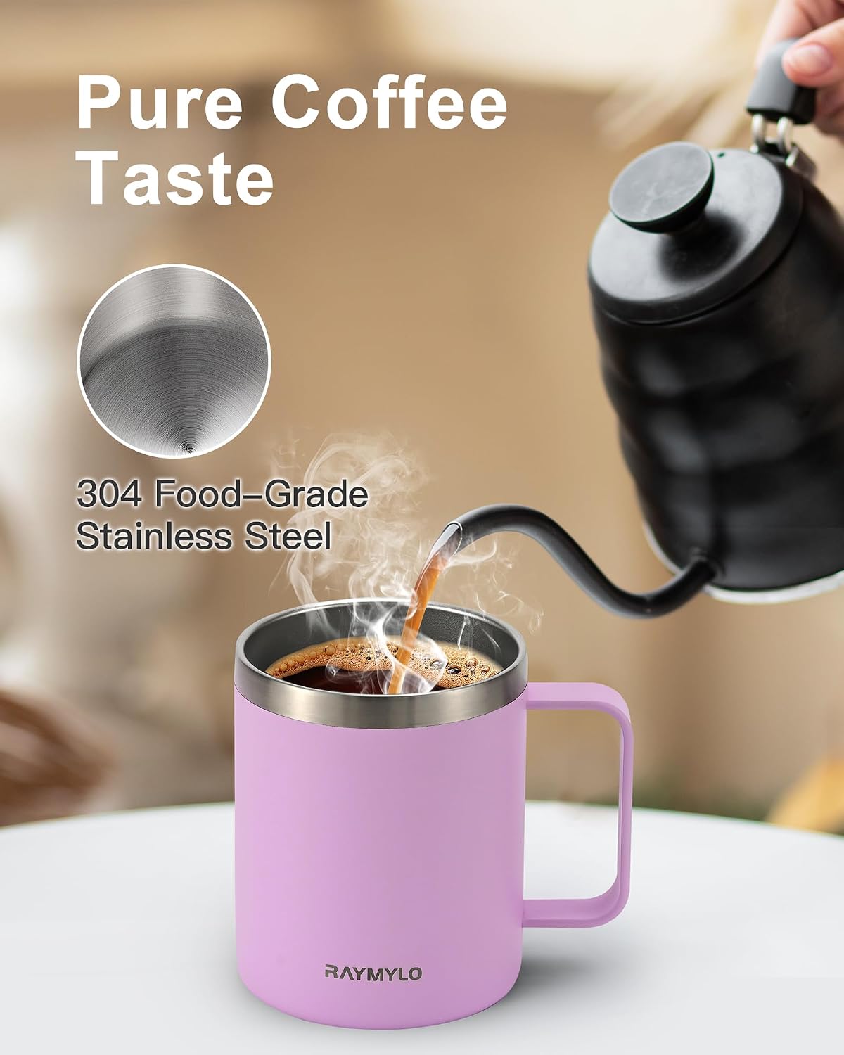 Insulated Coffee Mug 12 oz, Spill-Proof & Detachable Slider Lid | Double Wall Stainless Steel with Thorough Clean Lid & Handle, Cold for 9 Hrs, Suitable for Camp Home Office