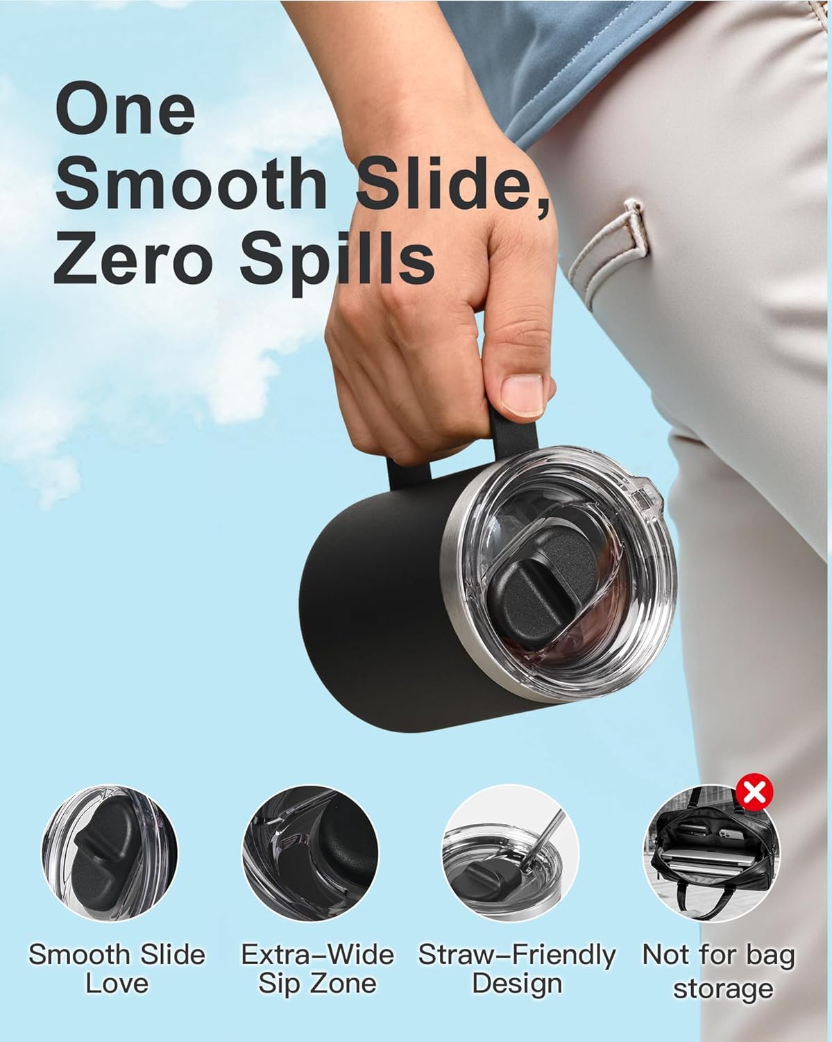 Insulated Coffee Mug 12 oz, Spill-Proof & Detachable Slider Lid | Double Wall Stainless Steel with Thorough Clean Lid & Handle, Cold for 9 Hrs, Suitable for Camp Home Office