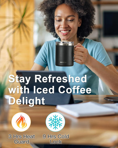 Insulated Coffee Mug 12 oz, Spill-Proof & Detachable Slider Lid | Double Wall Stainless Steel with Thorough Clean Lid & Handle, Cold for 9 Hrs, Suitable for Camp Home Office