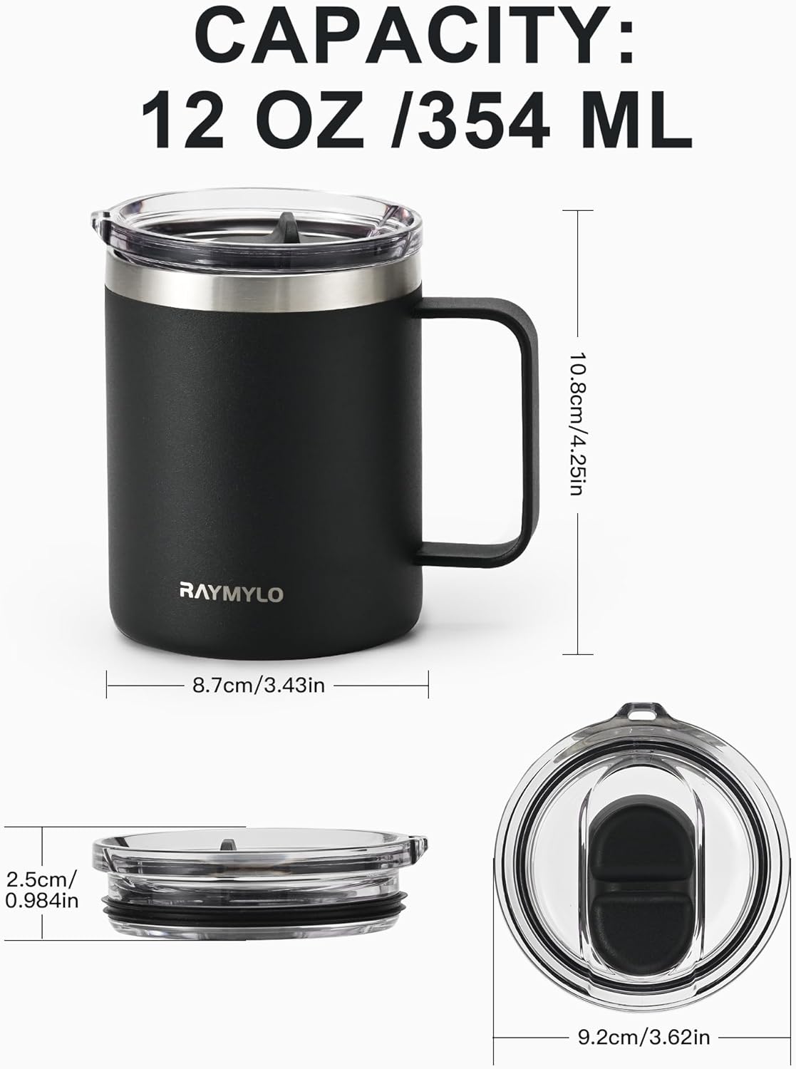 Insulated Coffee Mug 12 oz, Spill-Proof & Detachable Slider Lid | Double Wall Stainless Steel with Thorough Clean Lid & Handle, Cold for 9 Hrs, Suitable for Camp Home Office