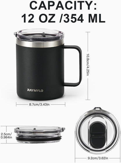 Insulated Coffee Mug 12 oz, Spill-Proof & Detachable Slider Lid | Double Wall Stainless Steel with Thorough Clean Lid & Handle, Cold for 9 Hrs, Suitable for Camp Home Office