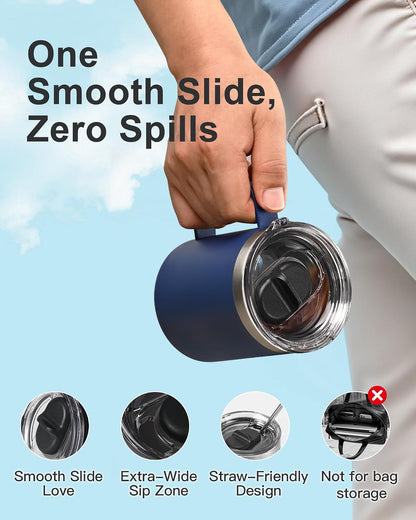 Insulated Coffee Mug 12 oz, Spill-Proof & Detachable Slider Lid | Double Wall Stainless Steel with Thorough Clean Lid & Handle, Cold for 9 Hrs, Suitable for Camp Home Office