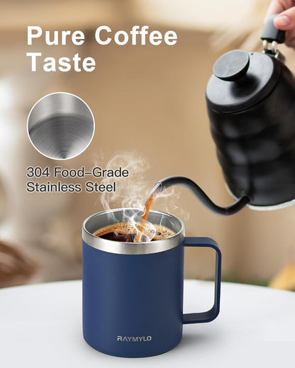 Insulated Coffee Mug 12 oz, Spill-Proof & Detachable Slider Lid | Double Wall Stainless Steel with Thorough Clean Lid & Handle, Cold for 9 Hrs, Suitable for Camp Home Office
