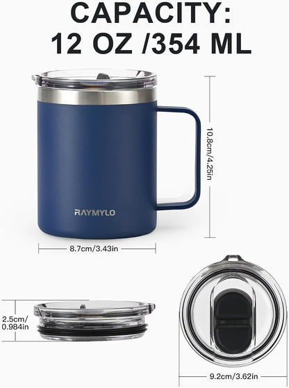 Insulated Coffee Mug 12 oz, Spill-Proof & Detachable Slider Lid | Double Wall Stainless Steel with Thorough Clean Lid & Handle, Cold for 9 Hrs, Suitable for Camp Home Office