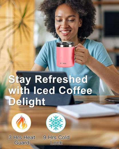 Insulated Coffee Mug 12 oz, Spill-Proof & Detachable Slider Lid | Double Wall Stainless Steel with Thorough Clean Lid & Handle, Cold for 9 Hrs, Suitable for Camp Home Office