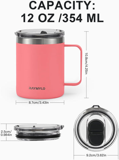 Insulated Coffee Mug 12 oz, Spill-Proof & Detachable Slider Lid | Double Wall Stainless Steel with Thorough Clean Lid & Handle, Cold for 9 Hrs, Suitable for Camp Home Office