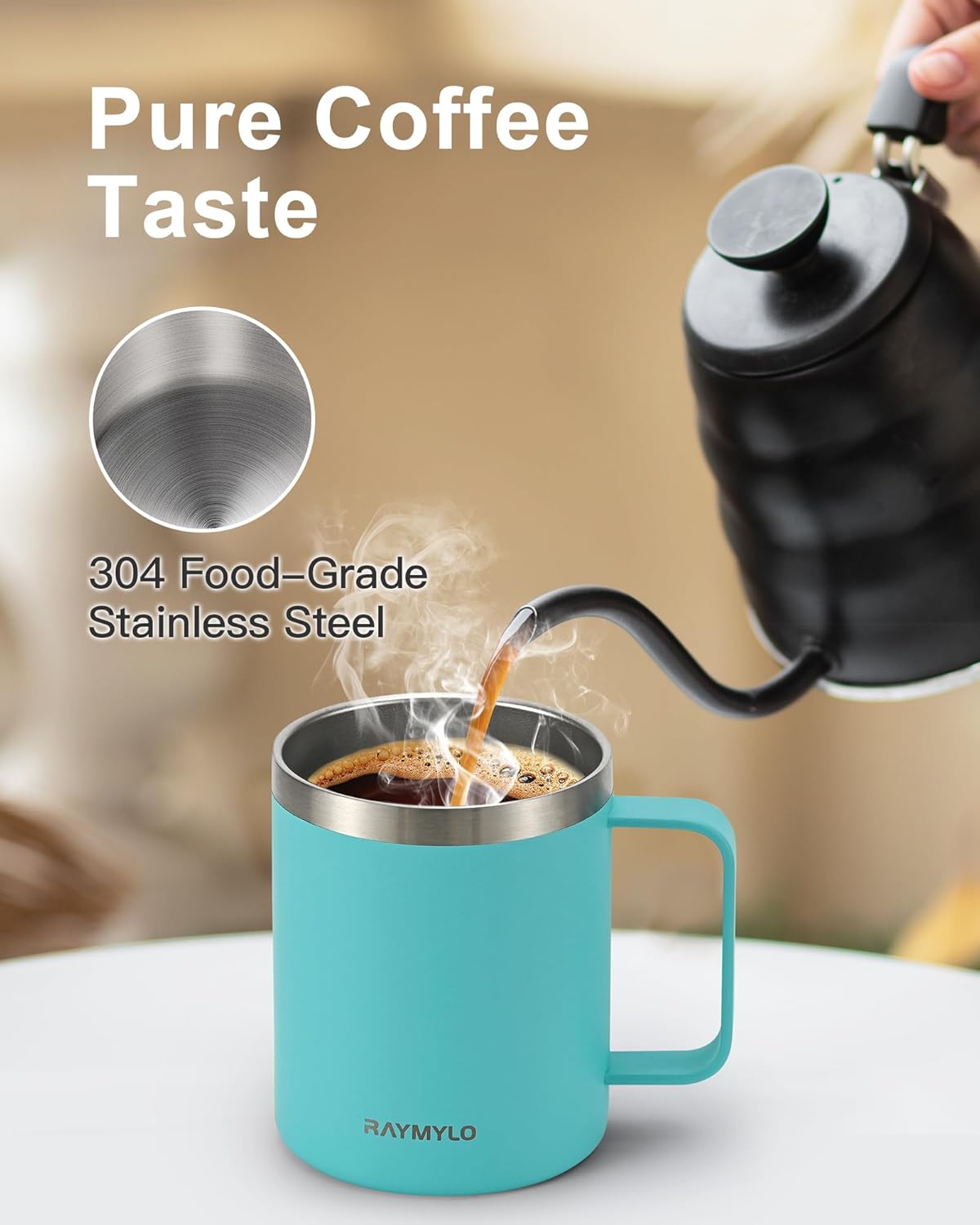 Insulated Coffee Mug 12 oz, Spill-Proof & Detachable Slider Lid | Double Wall Stainless Steel with Thorough Clean Lid & Handle, Cold for 9 Hrs, Suitable for Camp Home Office