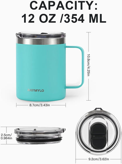 Insulated Coffee Mug 12 oz, Spill-Proof & Detachable Slider Lid | Double Wall Stainless Steel with Thorough Clean Lid & Handle, Cold for 9 Hrs, Suitable for Camp Home Office