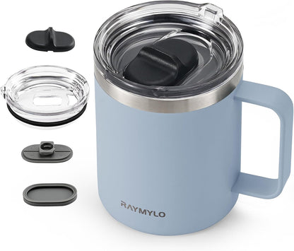 Insulated Coffee Mug 12 oz, Spill-Proof & Detachable Slider Lid | Double Wall Stainless Steel with Thorough Clean Lid & Handle, Cold for 9 Hrs, Suitable for Camp Home Office