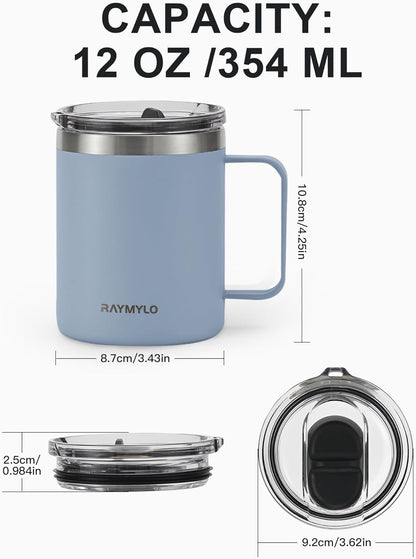 Insulated Coffee Mug 12 oz, Spill-Proof & Detachable Slider Lid | Double Wall Stainless Steel with Thorough Clean Lid & Handle, Cold for 9 Hrs, Suitable for Camp Home Office