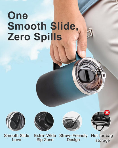 Insulated Coffee Mug 12 oz, Spill-Proof & Detachable Slider Lid | Double Wall Stainless Steel with Thorough Clean Lid & Handle, Cold for 9 Hrs, Suitable for Camp Home Office