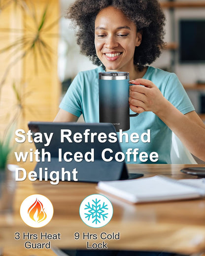 Insulated Coffee Mug 12 oz, Spill-Proof & Detachable Slider Lid | Double Wall Stainless Steel with Thorough Clean Lid & Handle, Cold for 9 Hrs, Suitable for Camp Home Office
